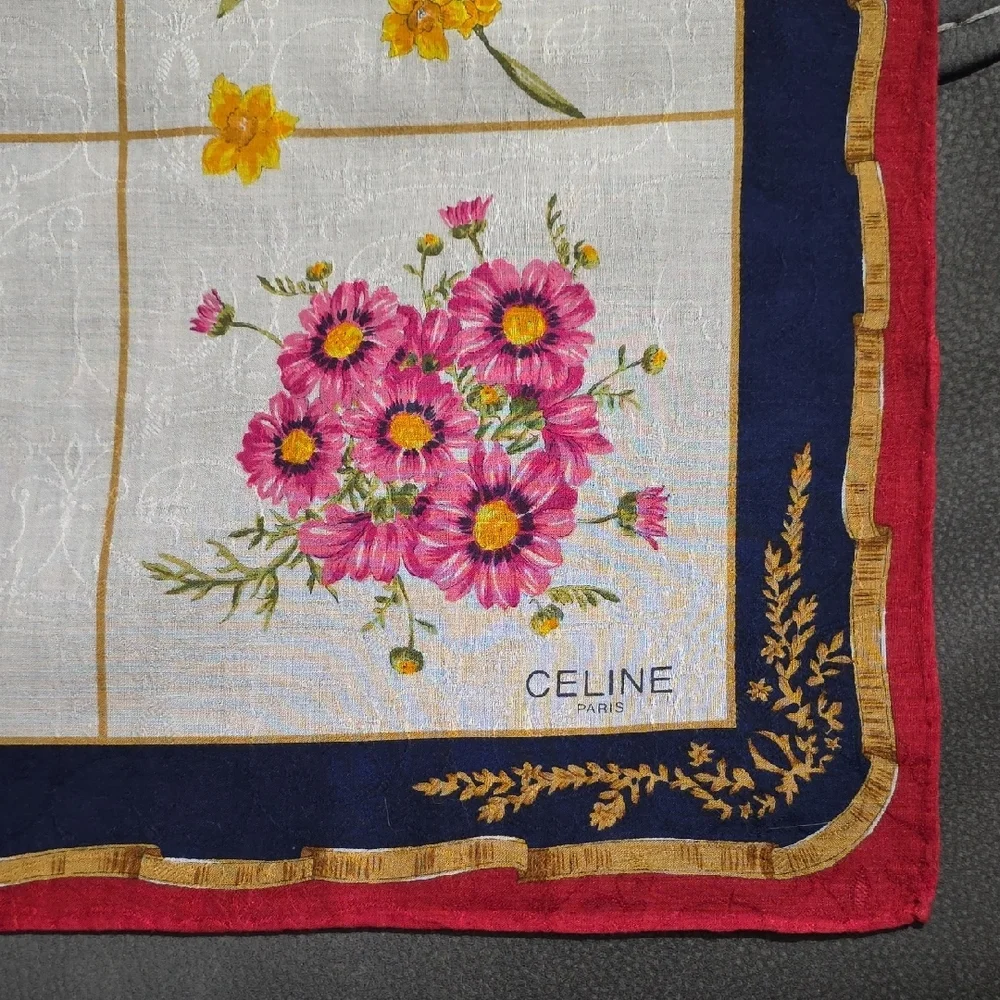 Vintage Celine Floral Silk Scarf with Navy and Red Border